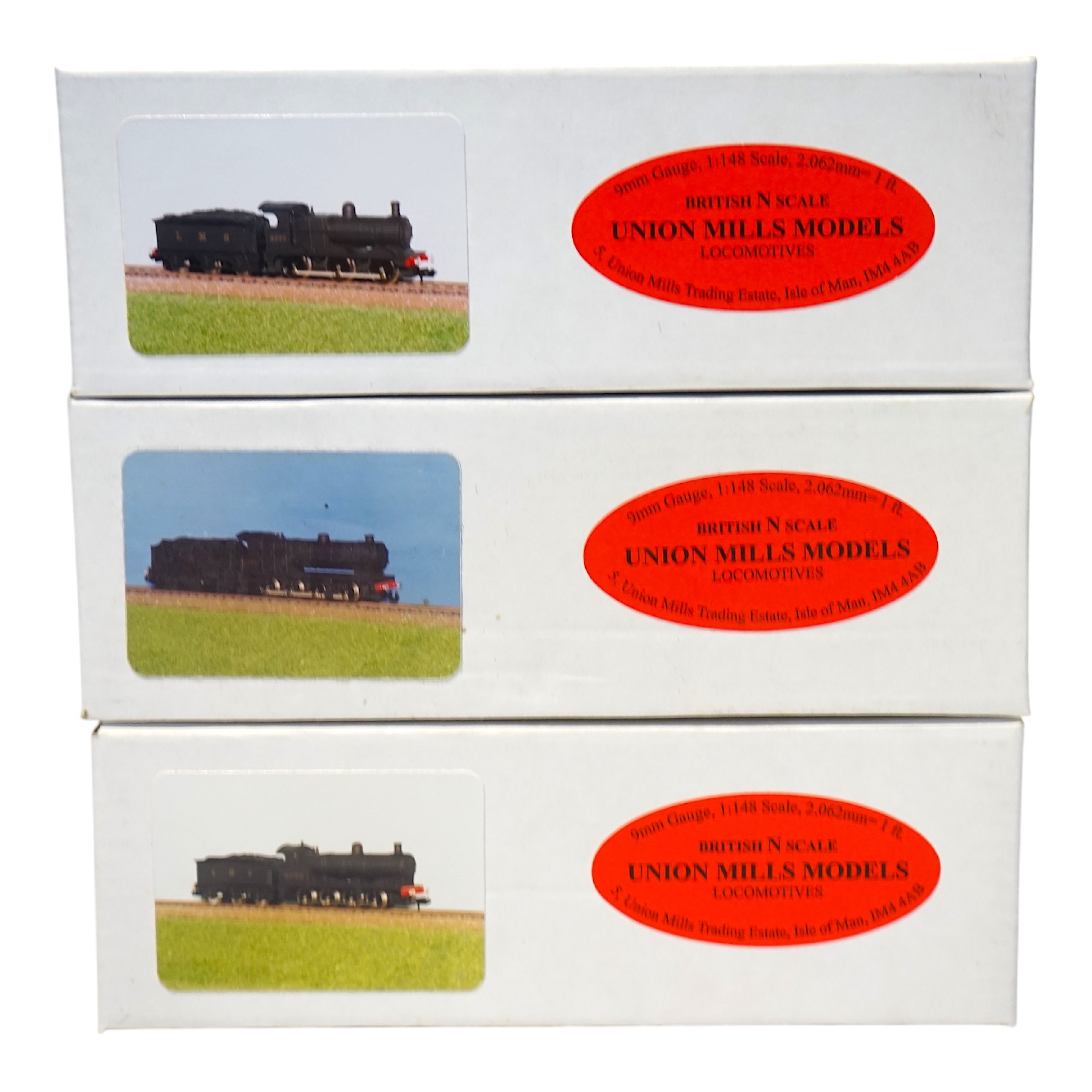 Three boxed Union Mills N gauge railway LMS tender locomotives; a Class G2, 9032, a Class 3F, 3777, and a Class 7F, 9504. Condition - good.